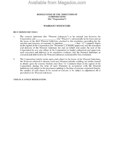 Alberta Directors Resolutions authorizing issue of Warrant Indenture