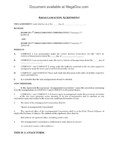 Ontario Amalgamation Agreement