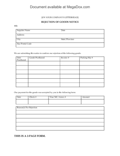 Picture of Rejection of Goods Notice