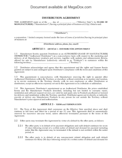 Picture of Ontario Non-Exclusive Distribution Agreement