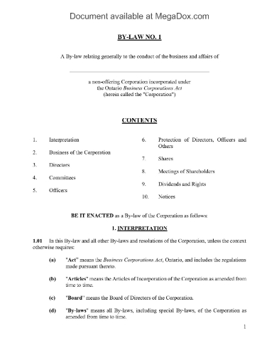 Ontario General Bylaw of non-offering corporation