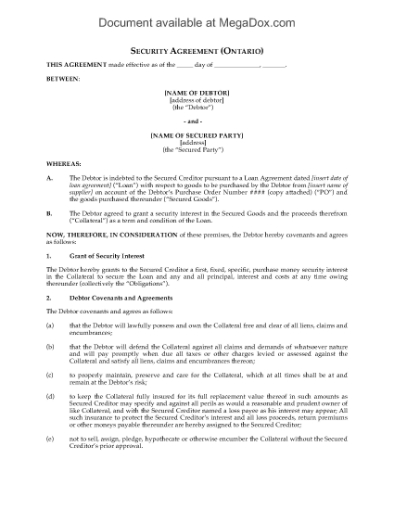 Picture of Ontario Purchase Money Security Agreement