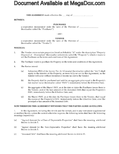 Canada Section 85 Rollover Agreement for Land