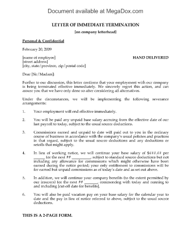 Letter of Immediate Termination of Employment