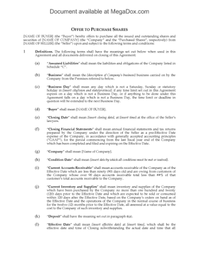 Picture of Ontario Offer to Purchase Business Assets and Shares