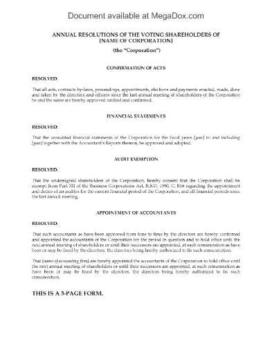 Ontario annual corporate resolutions in lieu of meeting