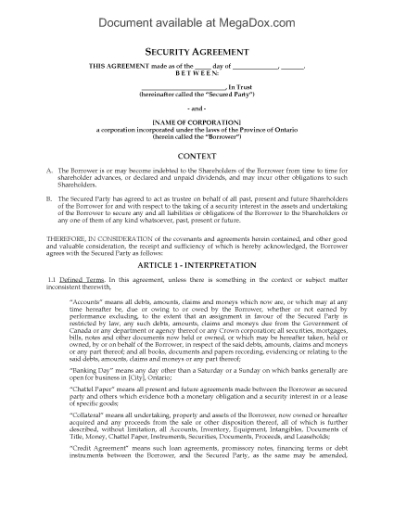 Picture of Ontario Security Agreement for Shareholder Loan