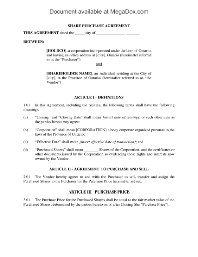 Picture of Ontario Section 85 Share Rollover Agreement for Common Shares