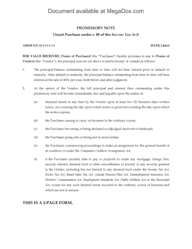 Picture of Promissory Note for Asset Purchase or Rollover | Canada