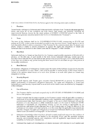 Arkansas Commercial Sublease Agreement