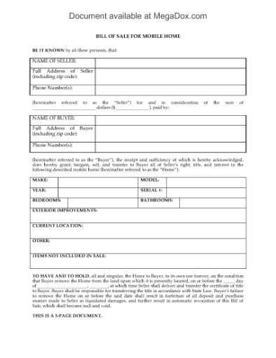 Picture of Georgia Bill of Sale for Mobile Home