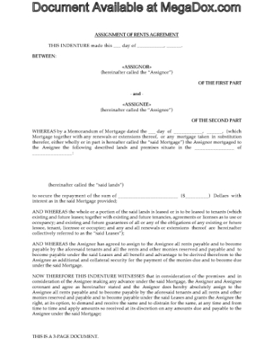 Picture of Assignment of Rents Agreement | Canada