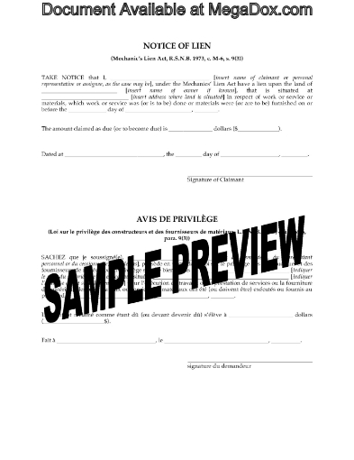 New Brunswick Notice of Lien