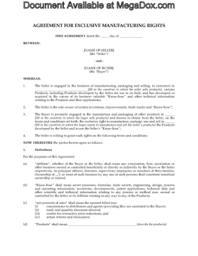 Picture of Exclusive Manufacturing Rights Agreement