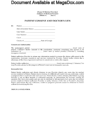Georgia Patient Consent and Medical Lien Agreement
