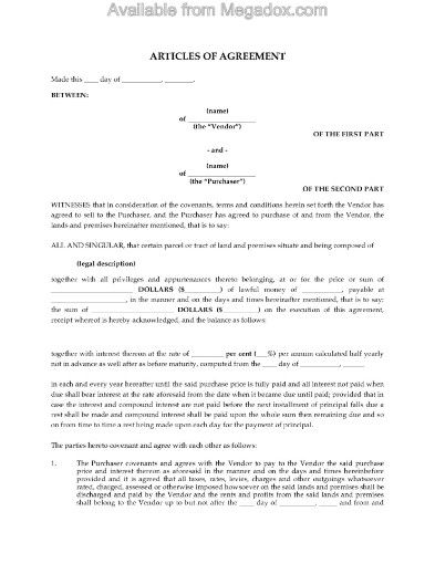 Alberta agreement to sell lot or parcel of land