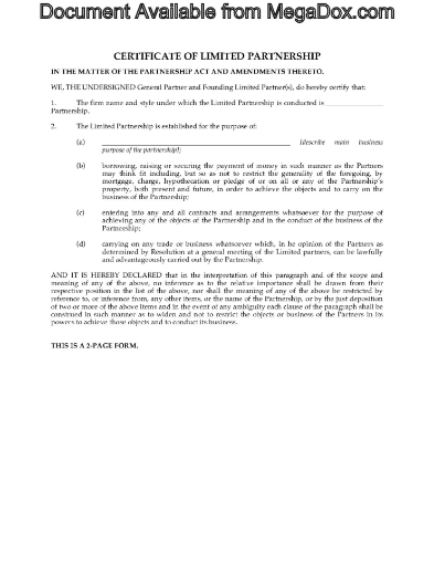 Alberta Certificate of Limited Partnership