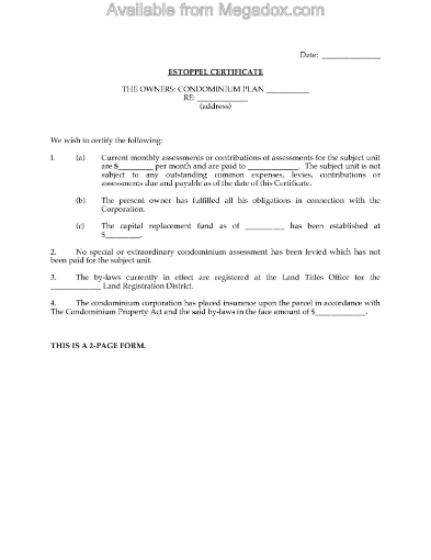 Alberta estoppel certificate for sale of condo