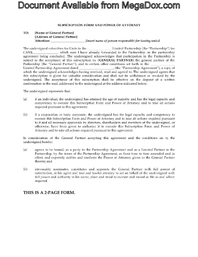 Canada Subscription for Limited Partnership Units