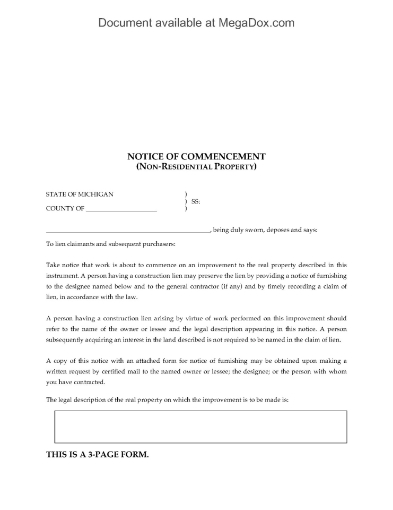 Michigan Notice of Commencement (Non-Residential Property)