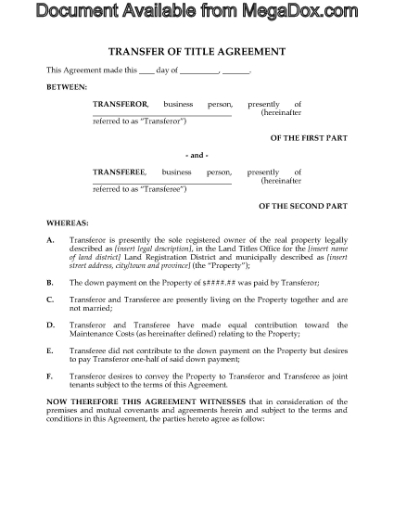 Picture of Alberta Transfer of Title Agreement by Cohabiting Couple