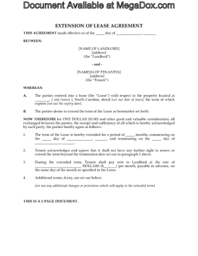 Picture of North Carolina Residential Lease Extension