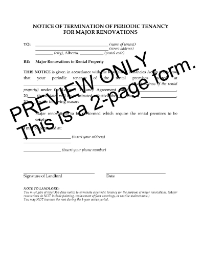 Alberta Notice of Termination of Tenancy for Major Renovations