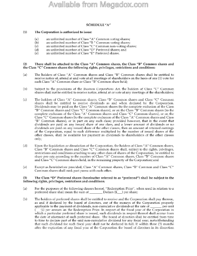 Alberta Schedule to Articles - Share Classes
