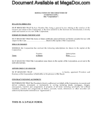 Canada Directors Resolutions to Organize Corporation