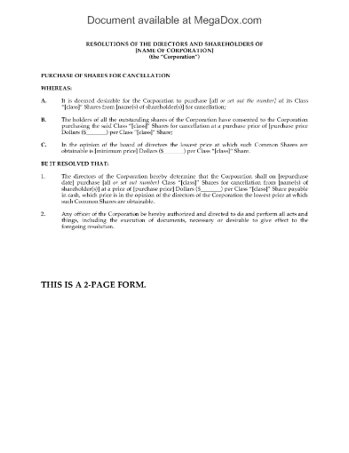 Corporate Resolutions repurchasing shares for cancellation