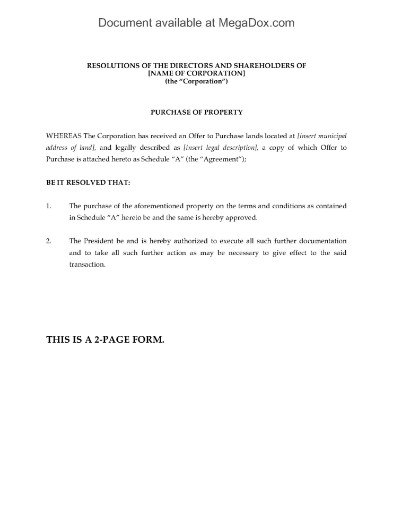 Canada Corporate Resolution Forms to Approve Land Purchase