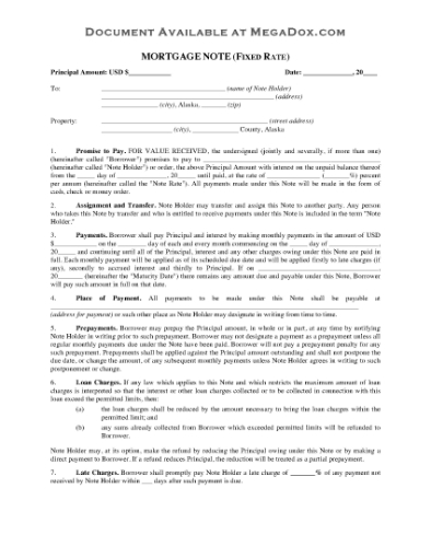 Picture of Alaska Fixed Rate Mortgage Note