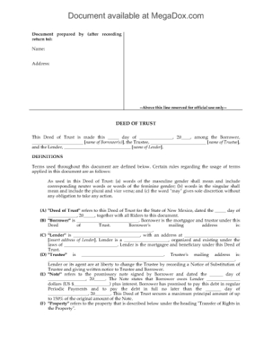 Picture of New Mexico Deed of Trust