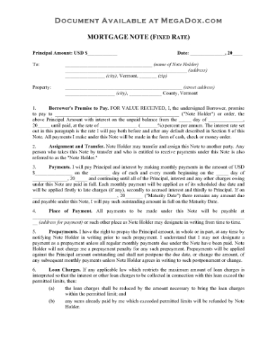 Picture of Vermont Fixed Rate Mortgage Note