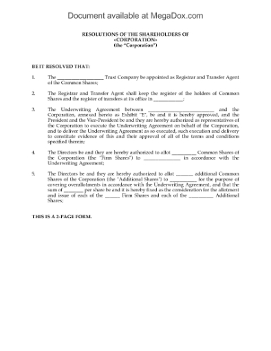 Picture of Shareholders Resolution to Appoint Transfer Agent | Canada