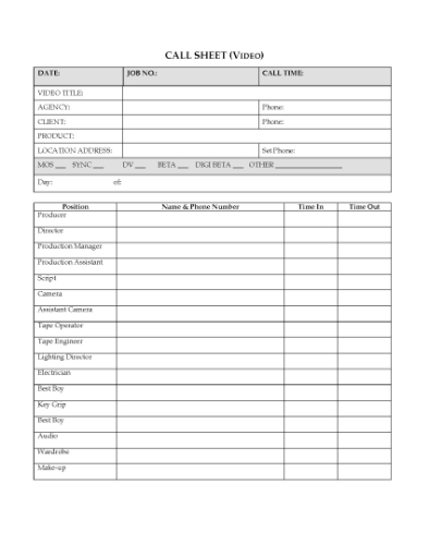 Picture of Call Sheet for Video Shoot