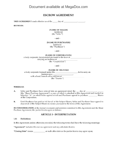 Escrow Agreement for Shares