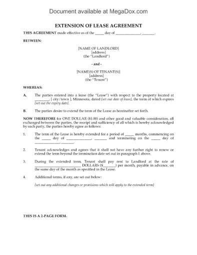 Picture of Minnesota Extension of Residential Lease