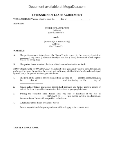 Missouri Extension of Lease Form (Residential)