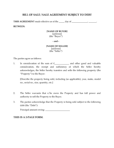 Picture of Bill of Sale Subject to Debt | UK