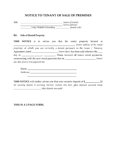 Notice to tenant of sale of their rental premises in British Columbia