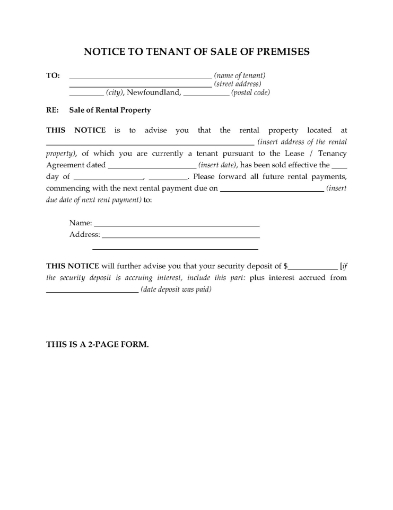 Newfoundland & Labrador Notice to tenant that their rental premises has been sold
