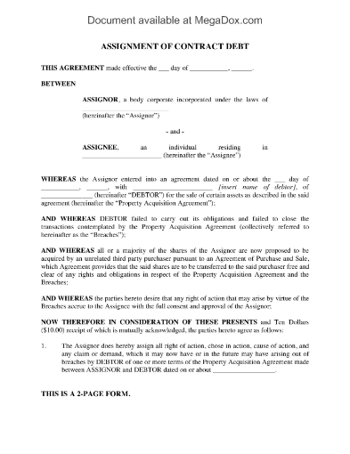 Assignment Form to assign your right to collect a contract debt