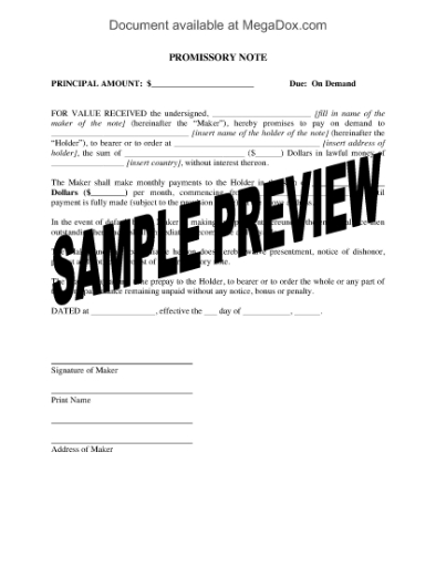 Picture of Promissory Note (Regular Payments, No Interest)