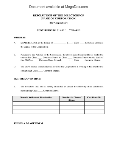 Directors Resolution converting a class of common shares to a different class