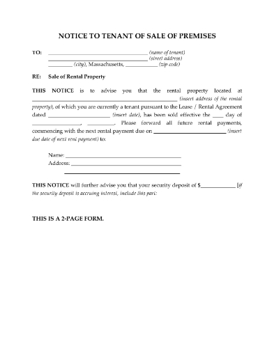 Notice to tenant in Massachusetts that the premises they are renting has been sold