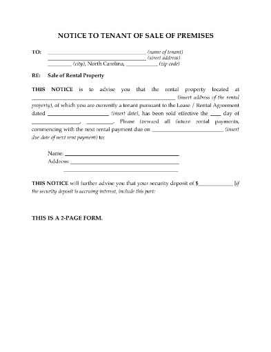 Notice to North Carolina tenants that the property they are renting has been sold