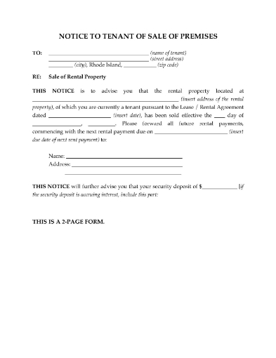 Notice to Rhode Island tenants that the property they are renting has been sold