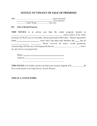 Notice to tenant in Texas that the rental property they live in has been sold