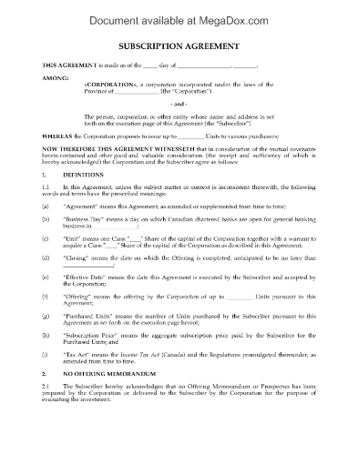 Canada Share Subscription Agreement for Private Placement
